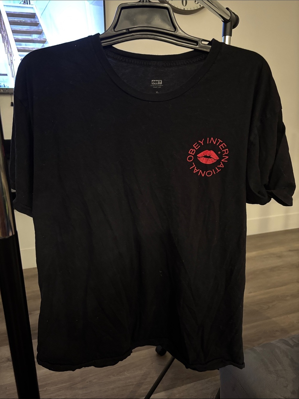 Obey Black Short Sleeve Tee with Red Lip Emblem